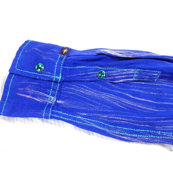 NWT Cowgirl Up Embroidered Yoke Western Jewel Embellished Shirt Blue Pinstripe L - Picture 7 of 14